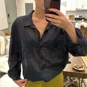 Boxy Black Sheer Button-Up Blouse